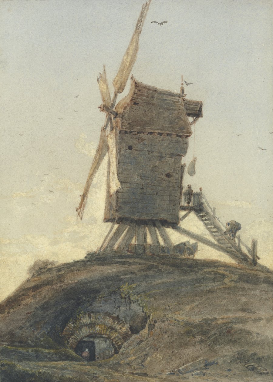 Windmill on a Knoll in a Landscape (wc med kroppsfärg på papper) av Francois Louis Thomas Francia