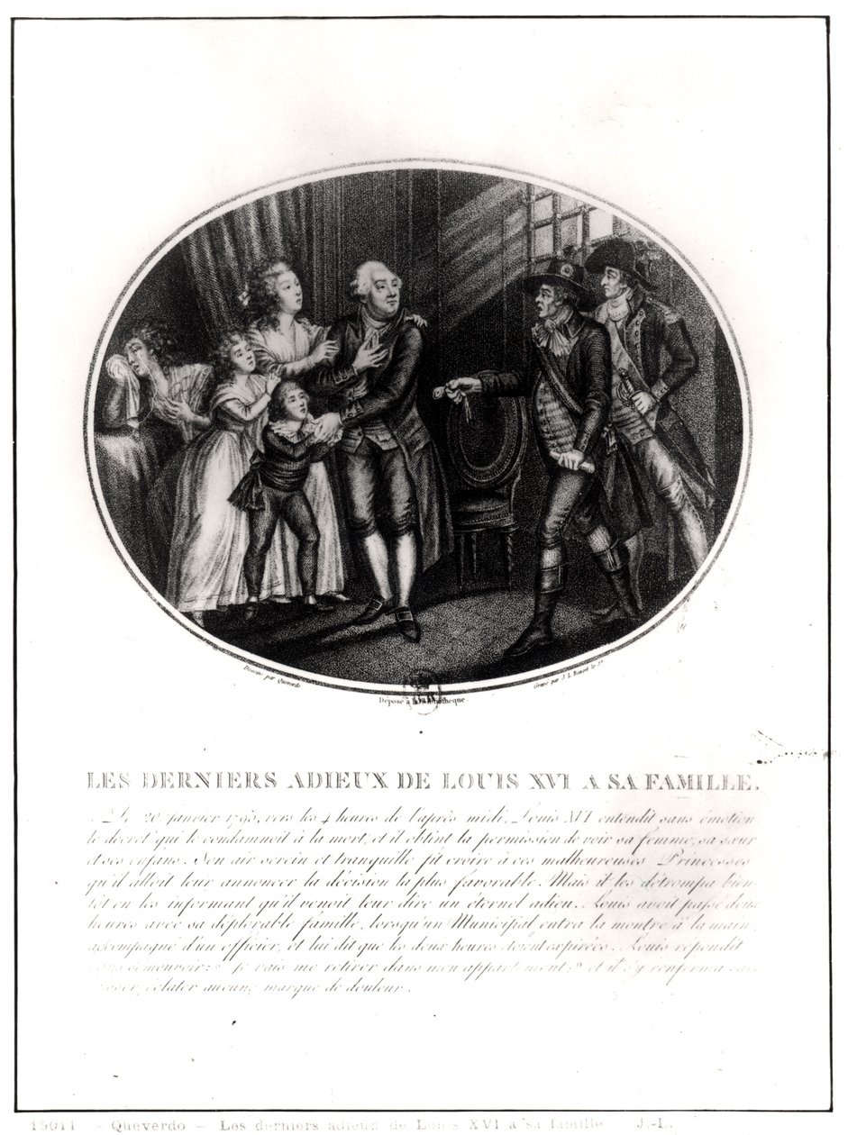 Ludvig XVI:s (1754-93) sista farväl till hans familj, 20 januari 1793, graverad av J. L. Benoist (fl.1800-40) av Francois Maria Isidore Queverdo