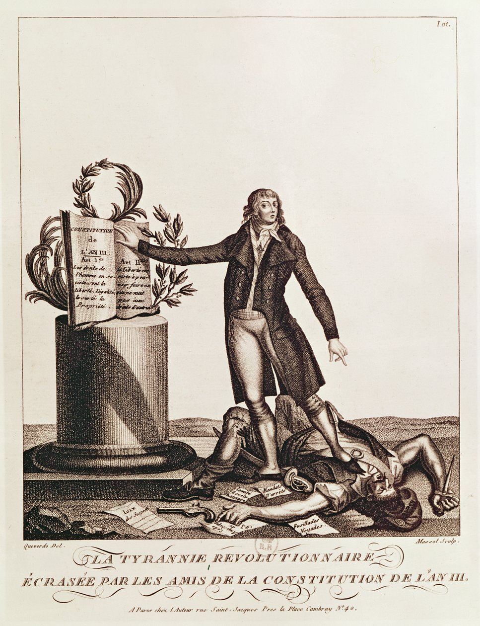 Revolutionens tyrann krossad av anhängarna av konstitutionen av An III (25 augusti 1795) graverad av Massol av Francois Maria Isidore Queverdo