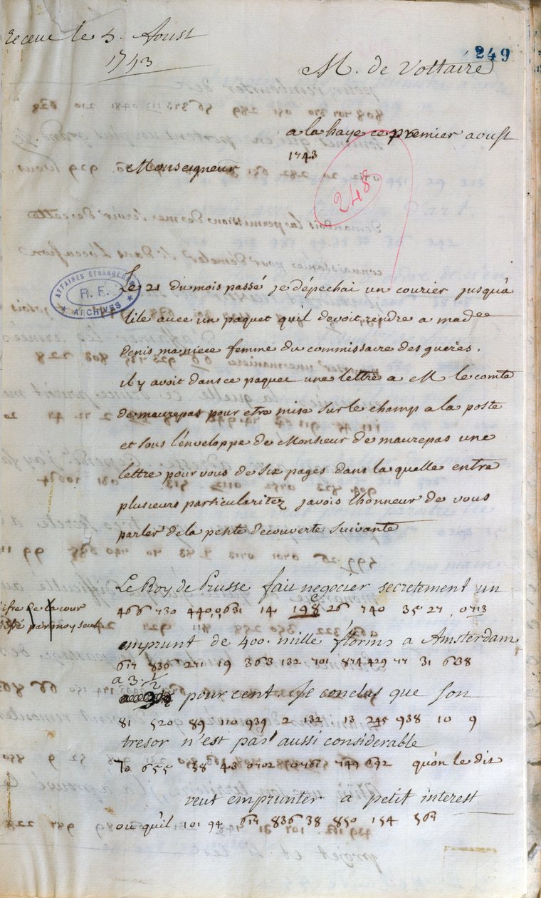 Brev skrivet av Voltaire när han arbetade som hemlig agent i Haag till den franske utrikesministern i Paris, 1 augusti 1743 av Francois Marie Arouet Voltaire
