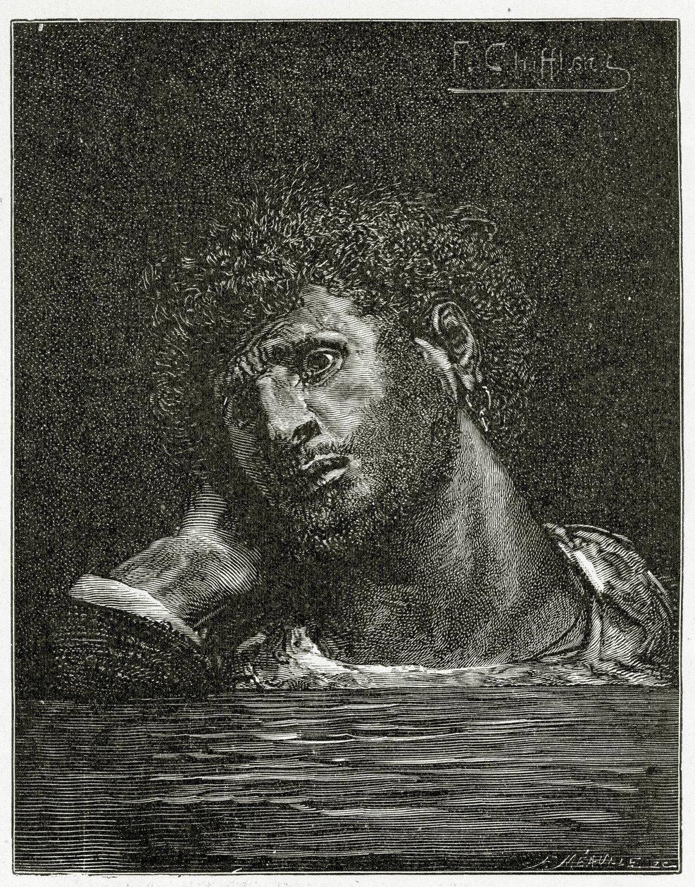 Death of Giliath - illustration från 1800-talets sjöarbetare (bw-gravyr) av Francois Nicolas Chifflart