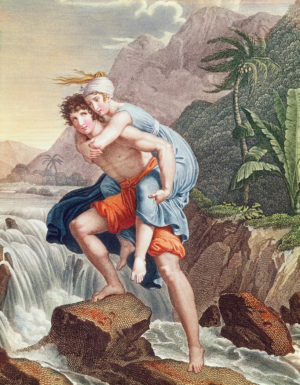 Paul bär Virginie över floden, 1805 (färggravyr) av Francois Pascal Simon Gerard
