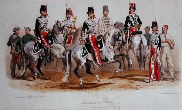 Franska kavallerister under andra kejsardömet (färglitografi) av Francois Hippolyte (after) Lalaisse