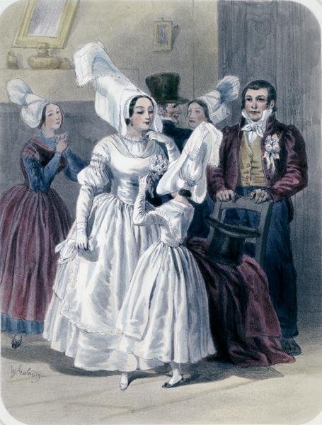 En brud och en flicka före hennes första nattvard, från Nantes och nedre Loire-regionen (färg litho) av Francois Hippolyte Lalaisse