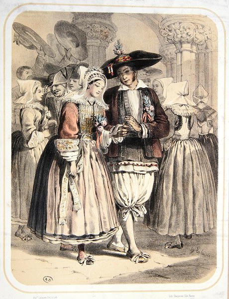 Brud och brudgum från regionen Saille, Frankrike, ca 1850 (färg litho) av Francois Hippolyte Lalaisse