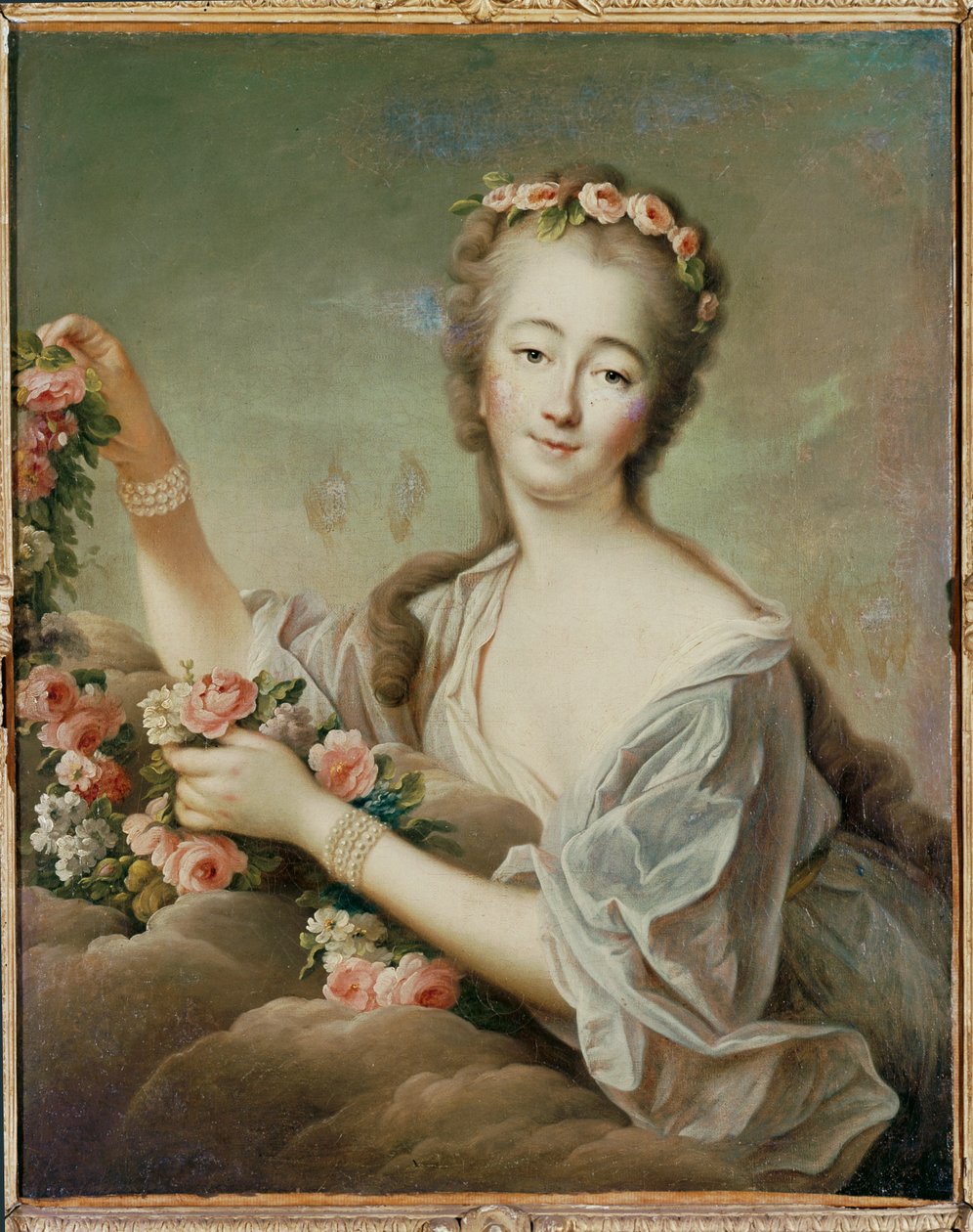 Madame Du Barry, Ludvig XV:s älskarinna, som gudinnan Flora ... (målning på duk) av Francois-Hubert Drouais