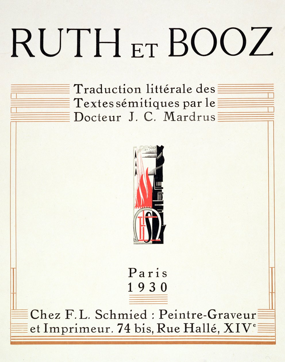 Titelsida från "Ruth et Booz", översatt av J.C. Mardrus, utgiven 1930. av Francois Louis Schmied