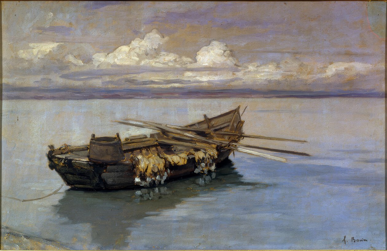 Båt lastad med nät vid stranden av Francois-Louis-David Bocion