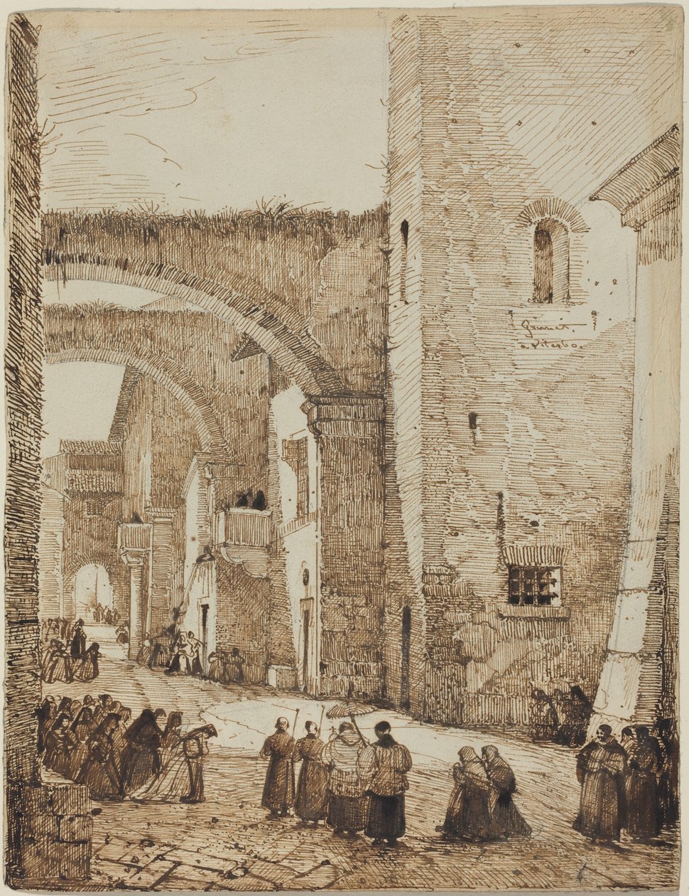 En präst i procession genom en medeltida gata i Viterbo av Francois-Marius Granet