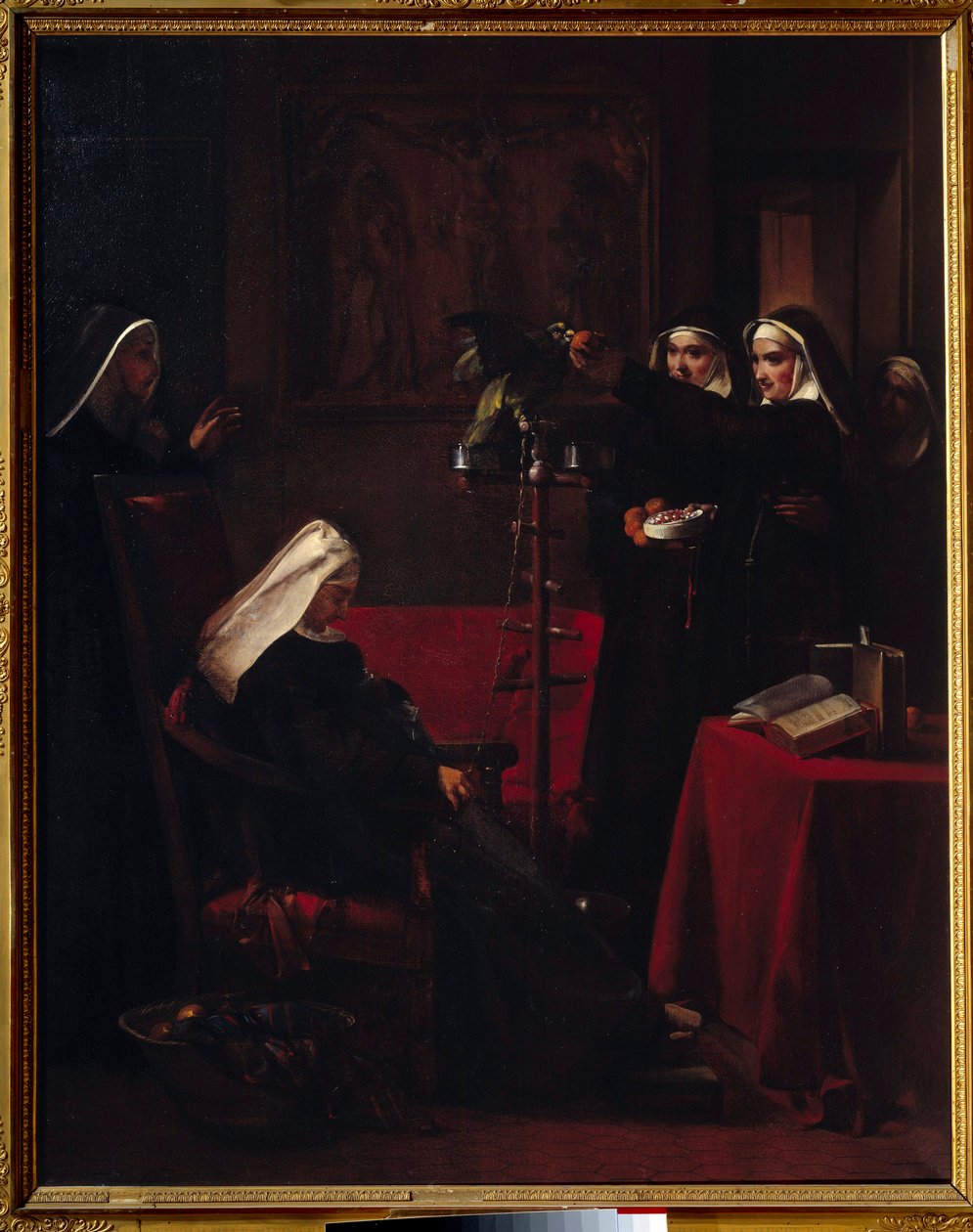 Gröna gröna nunnor som ger mat till papegojan till en sovande nunna. Målning av Francois Marius Granet (1775-1849) av Francois Marius Granet
