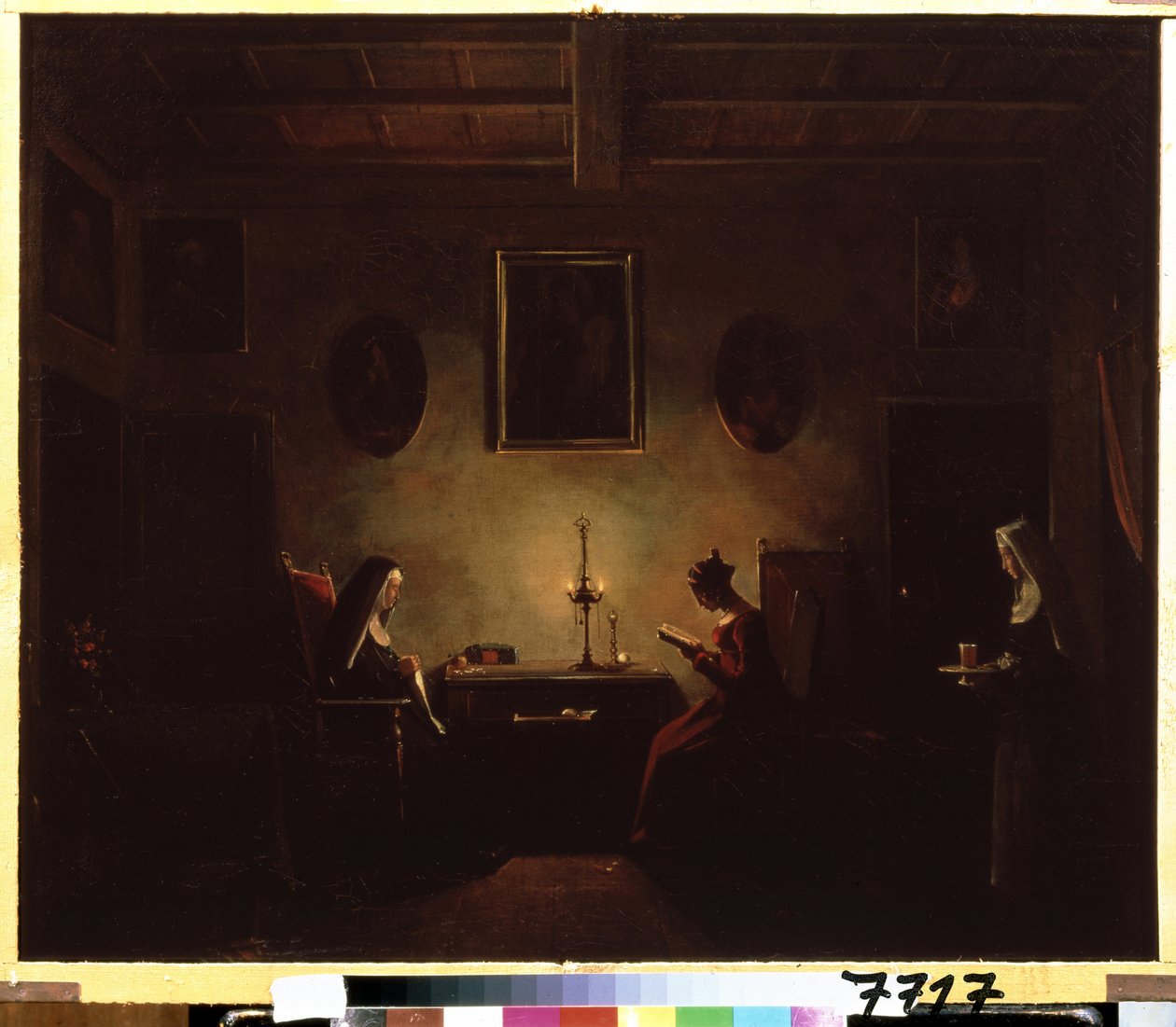 ""Interiör"" Scen i ett kloster, en ung flicka som läser i levande ljus, två nunnor är i rummet. Målning av Francois Marius Granet (1775-1849) Pushkin-museet från 1800-talet, Moskva av Francois Marius Granet