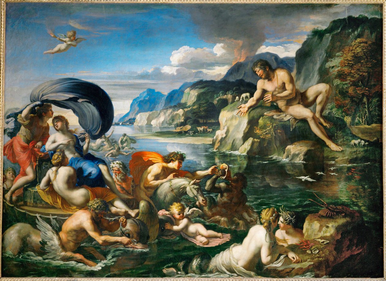 Acis et Galatee se derobant au regard de Polypheme Acis och Galatea gömmer sig inför Polyfemos... av Francois (1590 1650) (after) Perrier