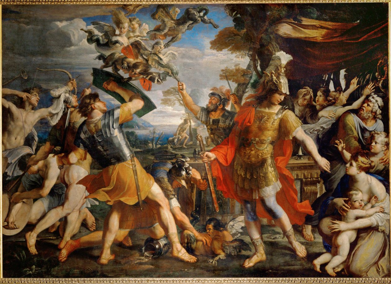 Aeneas och hans följeslagare kämpar mot harpyorna ... av Francois (1590 1650) (after) Perrier