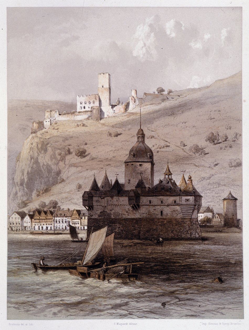 Chateau a Pfalz, Tyskland. I "" Den monumentala och pittoreska Rhen"". Litografier av Fourmais och Stroobant av Francois Stroobant