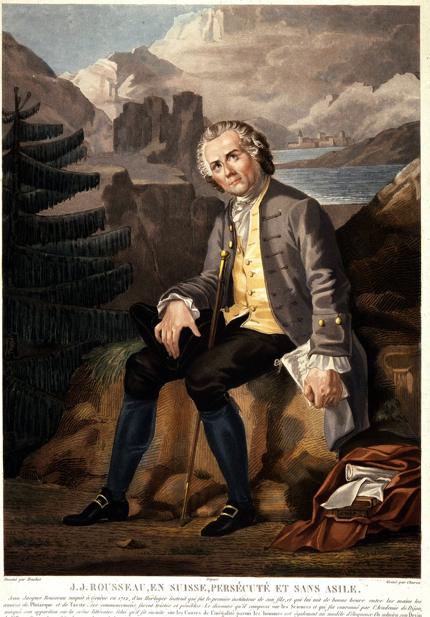 Jean Jacques Rousseau i Schweiz, förföljd och utan asyl. Akvatint av Charon d