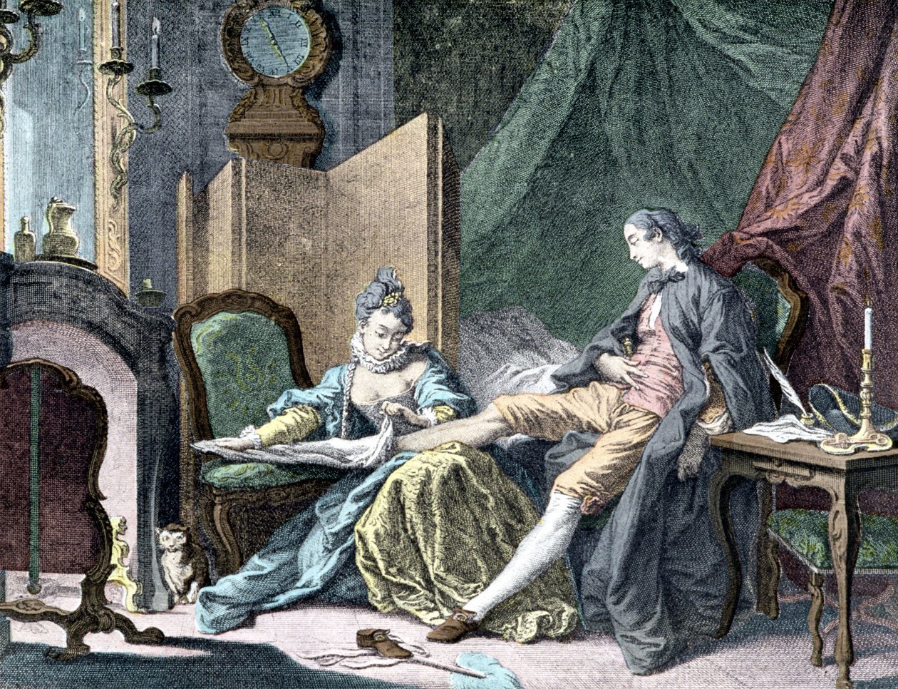 La Courtesan amoureuse: Kvinna som tar bort botten av en man - gravyr av ap. slaktare av Francois (after) Boucher
