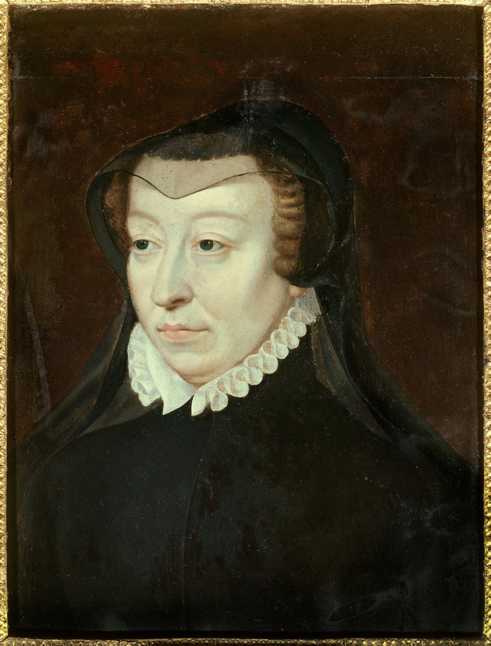 Porträtt av Catherine de Medicis (Caterina de Medici) (1519-1589), Frankrikes drottning Målning av Francois Clouet (cirka 1515-1572) Sön. 0,33x0,24 m 1500-tals Chantilly, Musee Conde av Francois (after) Clouet
