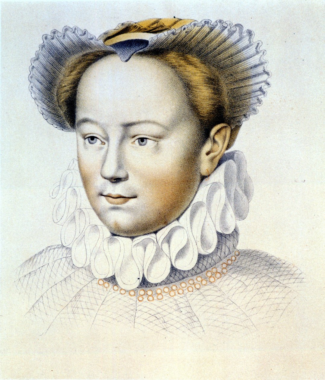 porträtt av Marguerite de Valois, känd som drottning Margot (1553-1615), drottning av Navarra, Henrik IV:s första fru. från en originalteckning av Clouet. av Francois (after) Clouet