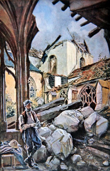 Slaget vid Verdun: Fransk soldat äter sina ransoner i en ruinerad kloster av katedralen av Francois (after) Flameng