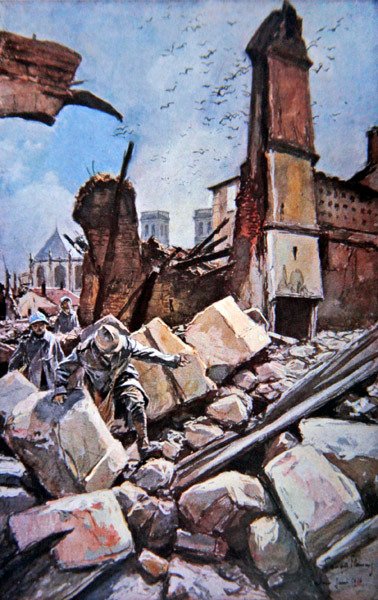 Slaget vid Verdun: Franska trupper rör sig bland förstörda vallar av Francois (after) Flameng
