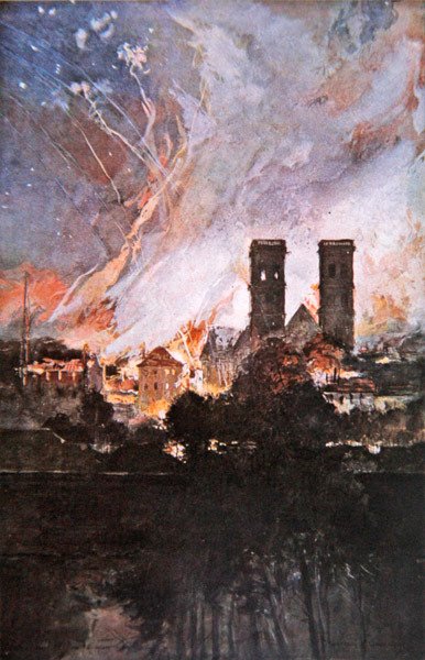 Slaget vid Verdun: Tyskt bombardement av Verdun med brandbeskjutare av Francois (after) Flameng