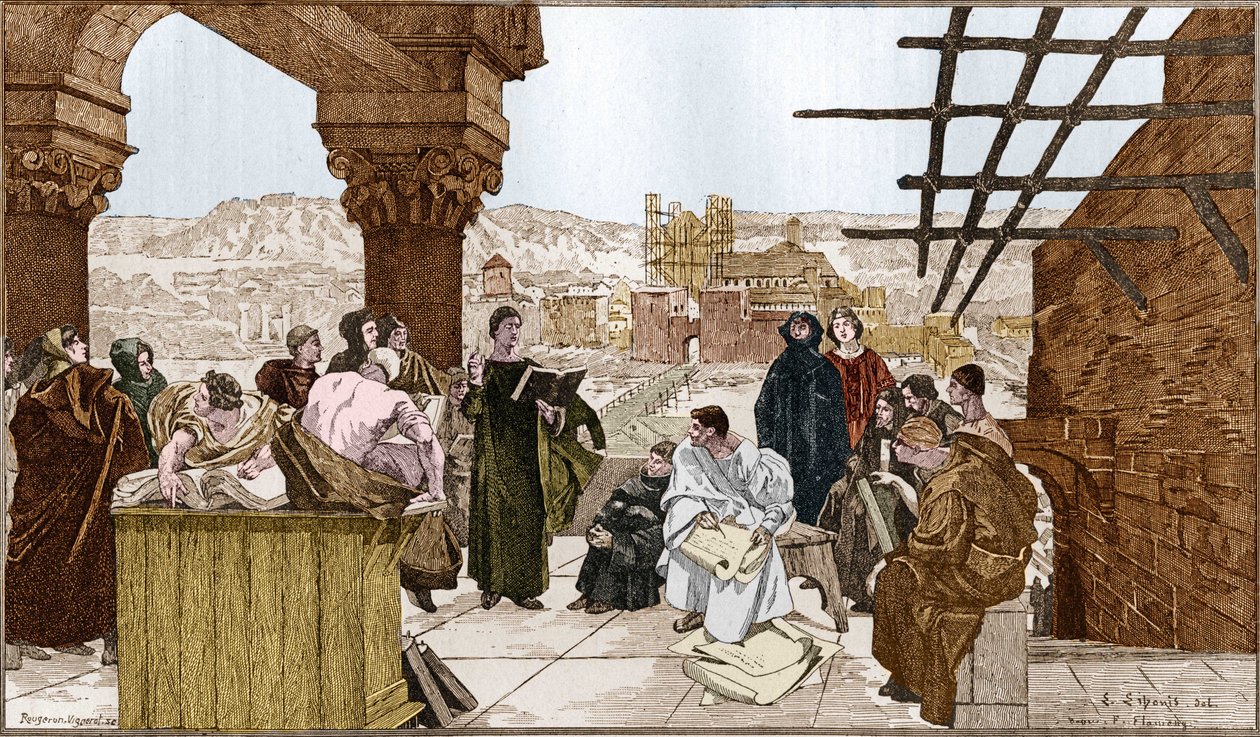 Pierre Abelard eller Abailard (1079-1142), fransk filosof och teolog och hans skola på berget Sainte Genevieve. Från fresken av Francois Flameng. av Francois (after) Flameng