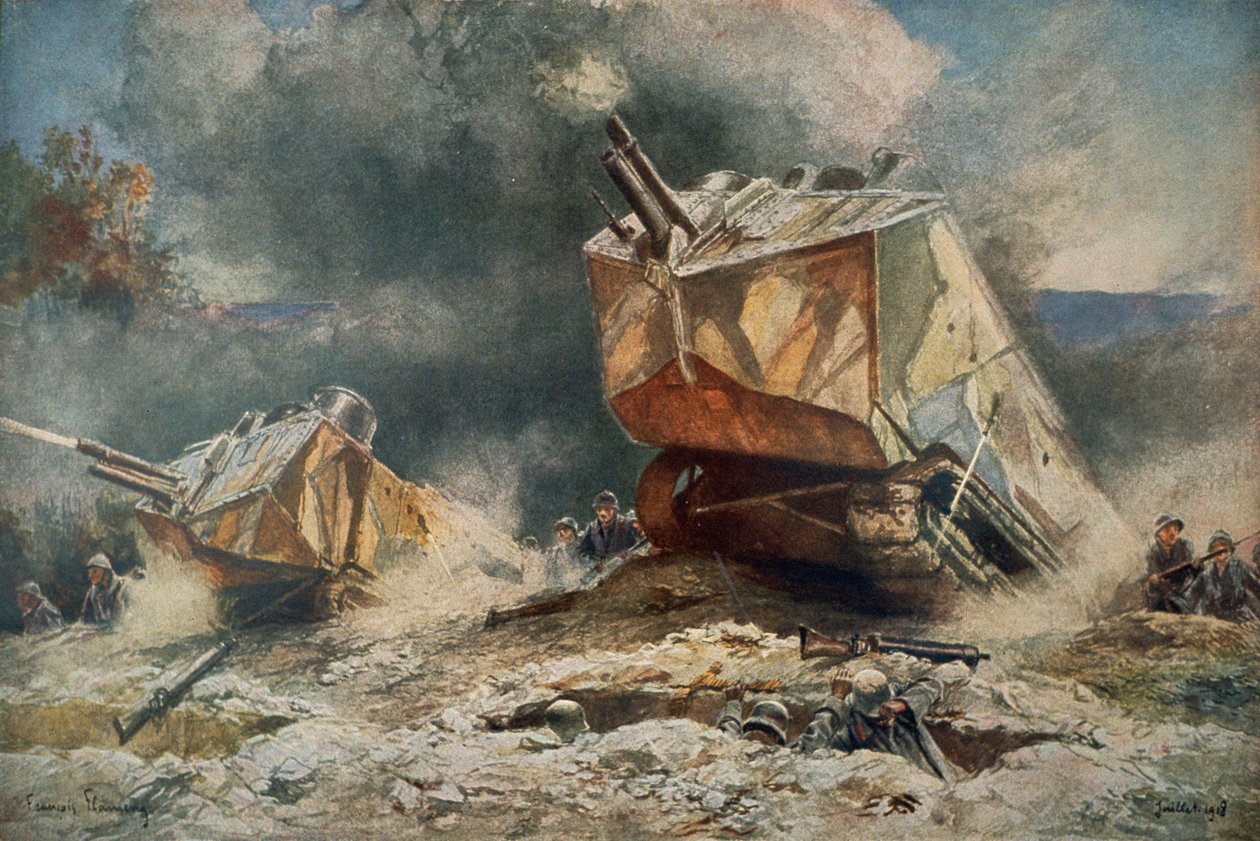 WWI Fransk stridsvagn av typen St Chamond som avancerar på de tyska positionerna av Francois (after) Flameng