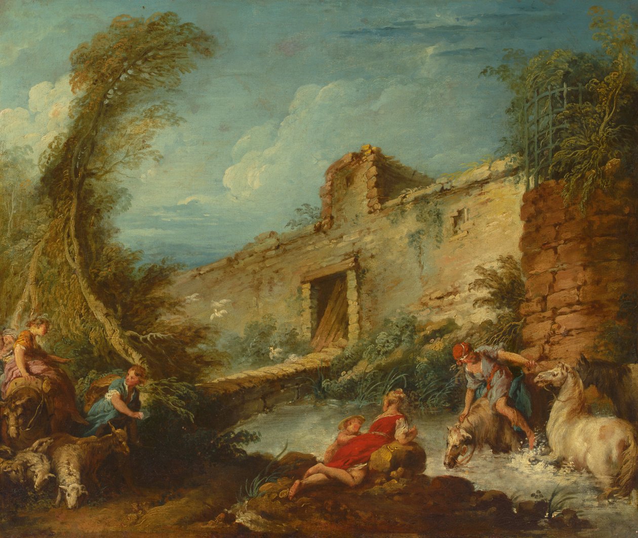 The Ford Crossing, c.1703-70 (olja på duk) av Francois (and studio) Boucher