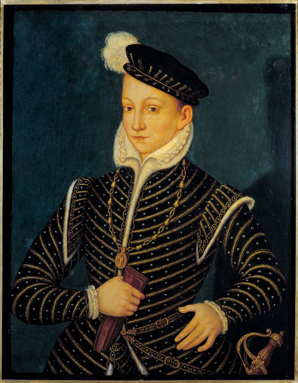 Porträtt av Karl IX (1550 - 1574) kung av Frankrike. Målning tillskriven Francois Clouet (1515-1572) av Francois (attr. to) Clouet