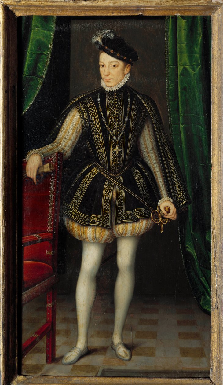 Porträtt till fots av Karl IX (1550 - 1574). Målning av Francois Clouets verkstad (1515-1572) av Francois (workshop of) Clouet
