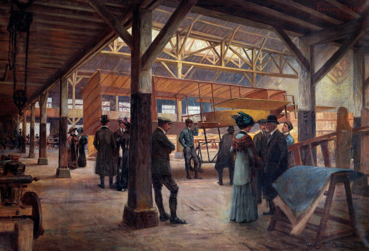 Verkstad för bröderna Gabriel och Charles Voisin (1880-1973 och "1882-1912), flygpionjärer, 1908 i Boulogne Billancourt" (olja på duk) av Francois Alaux