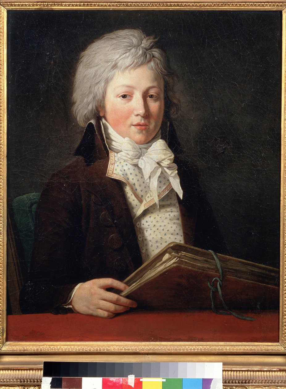 Porträtt av en ung man som håller en mapp med teckningar. Målning av Francois Andre Vincent (1746-1816). Olja på duk, 73 x 59 cm av François André Vincent