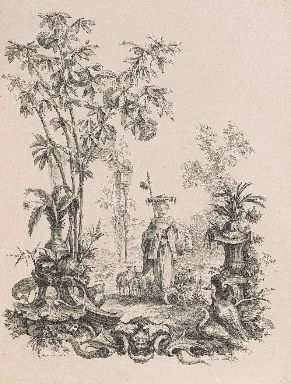 Ung kinesisk flicka går, omgiven av sina får, ca.1740-50. av Francois Antoine Aveline