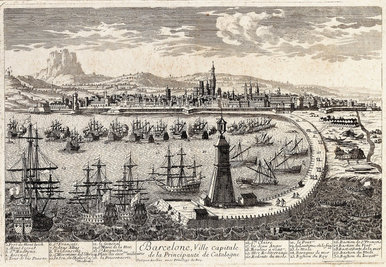Utsikt över staden och hamnen i Barcelona på 1700-talet. Gravyr av Francois Antoine Aveline Barcelona, Museu d