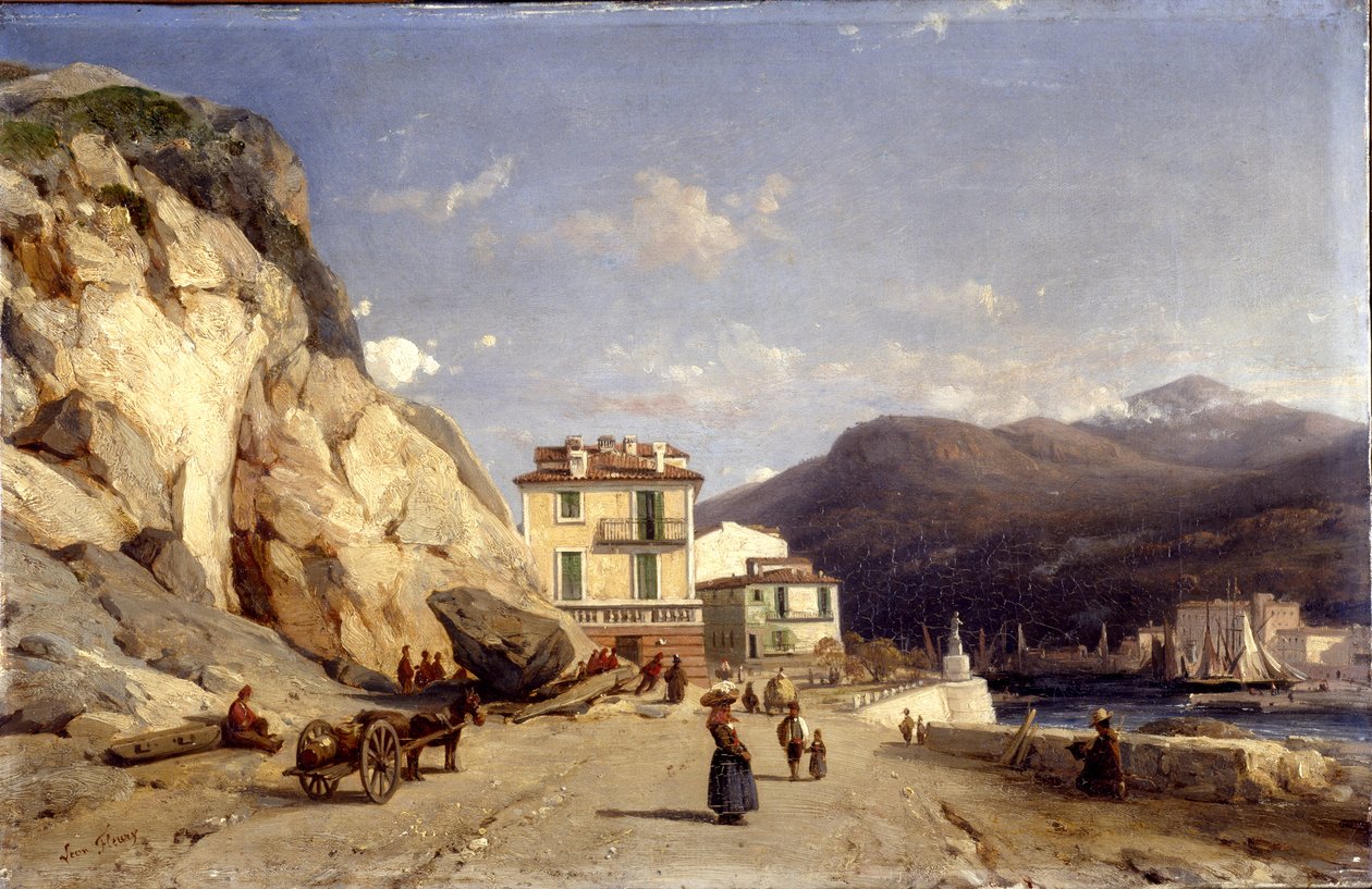Utsikt över inloppet till hamnen, Nice (olja på duk) av Francois Antoine Leon Fleury