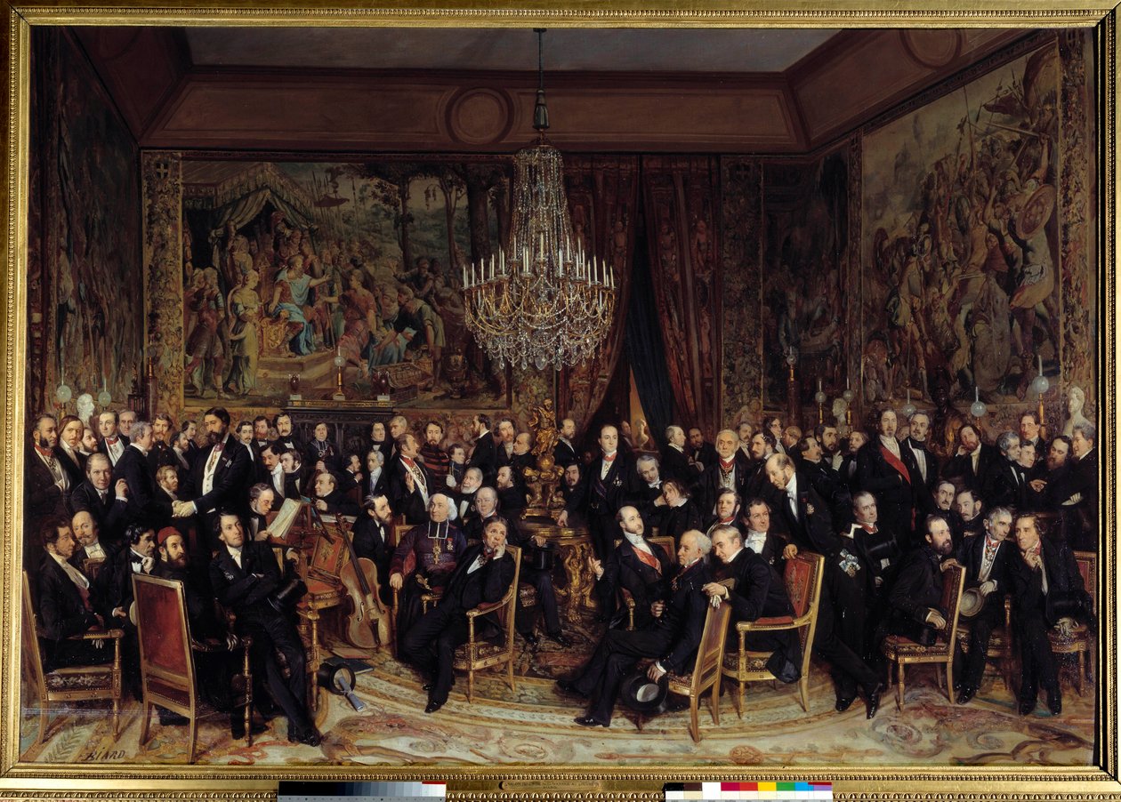 Kväll på Louvren med greven av Nieuwerkerke Bland presenterna: Francois Marcellin Certain de Canrobert (1809-1895), Eugene Delacroix (1798-1863), Camille Doucet (1812-1895), Jacques Fromental Levy dit Halevy (1799-1862) , Baron Georges Haussmann ( av François Auguste Biard