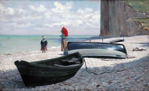 Strandscen i Fecamp, norra Frankrike (olja på panel) av Francois Auguste Didier Clovis