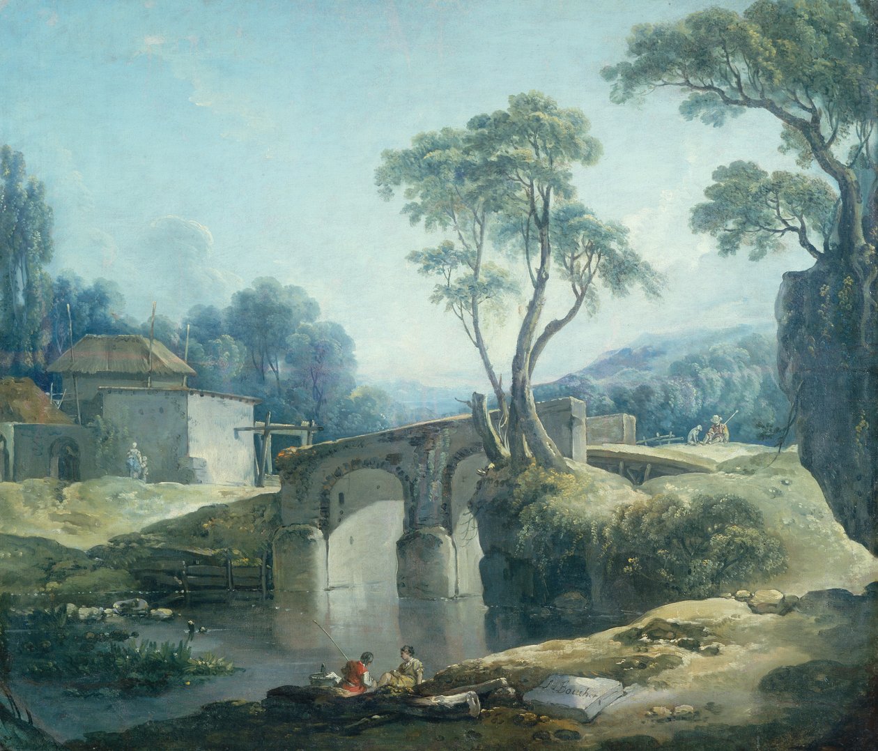 Ett skogslandskap med en bro över en flod (olja på duk) av François Boucher