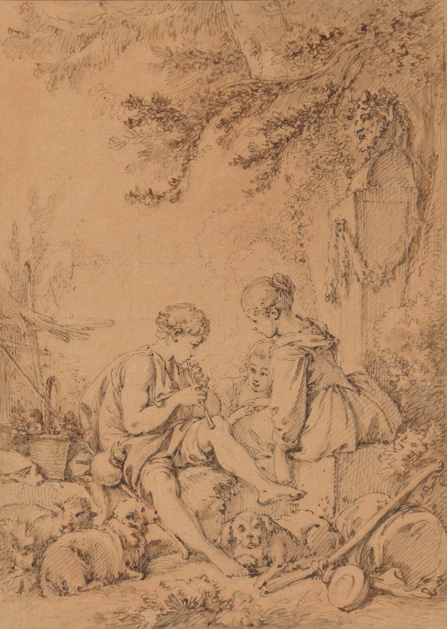 En ung herde som spelar på en flöjt för två unga herdinor av François Boucher