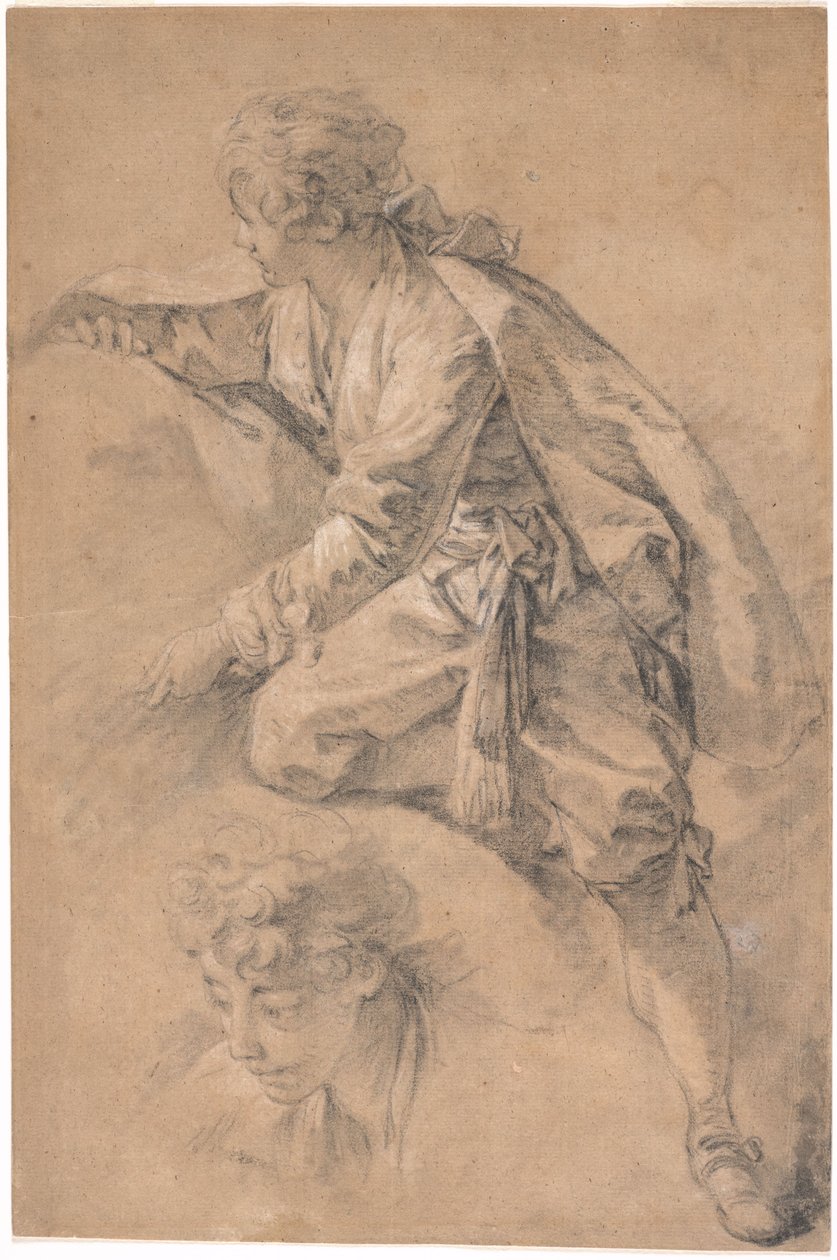 En ung person som står på ett knä, med båda armarna utsträckta av François Boucher
