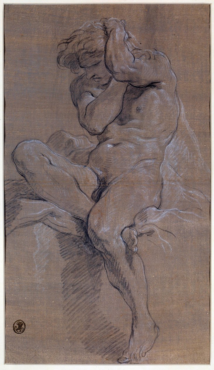 Akademien för sittande naken man Ritning i rött blod av Francois Boucher (1703-1770) 1700-talets Paris, Louvren av François Boucher
