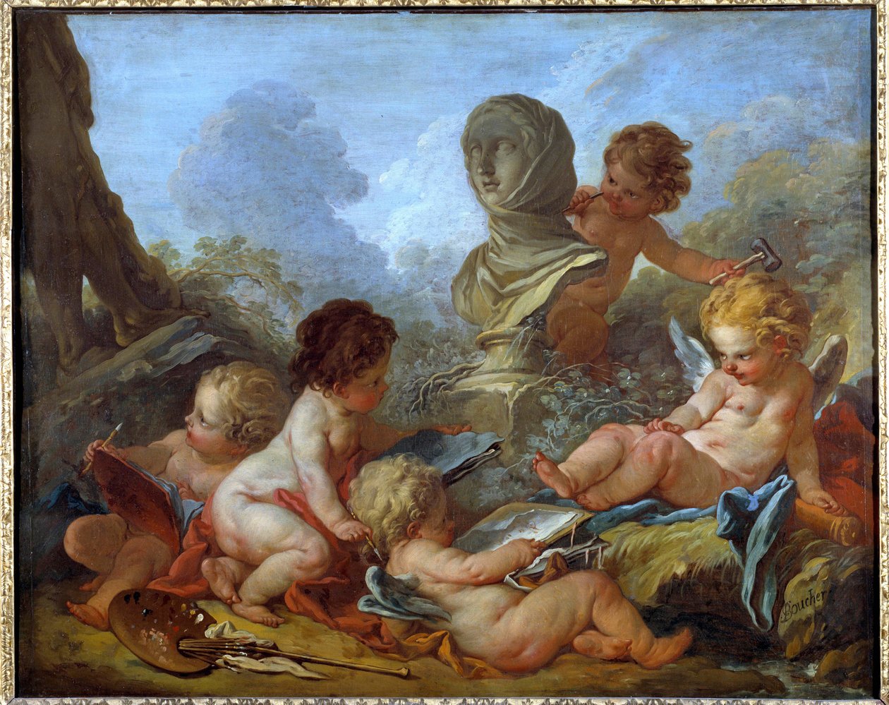 Allegorie des Arts Fem små amourer förknippade med olika konster (skulptur, målning...) Målning av Francois Boucher (1703-1770) Troyes från 1700-talet, Musee des Beaux Arts - Allegory of Arts. Fem små amoriner förknippade med olika konster (skulptur av François Boucher