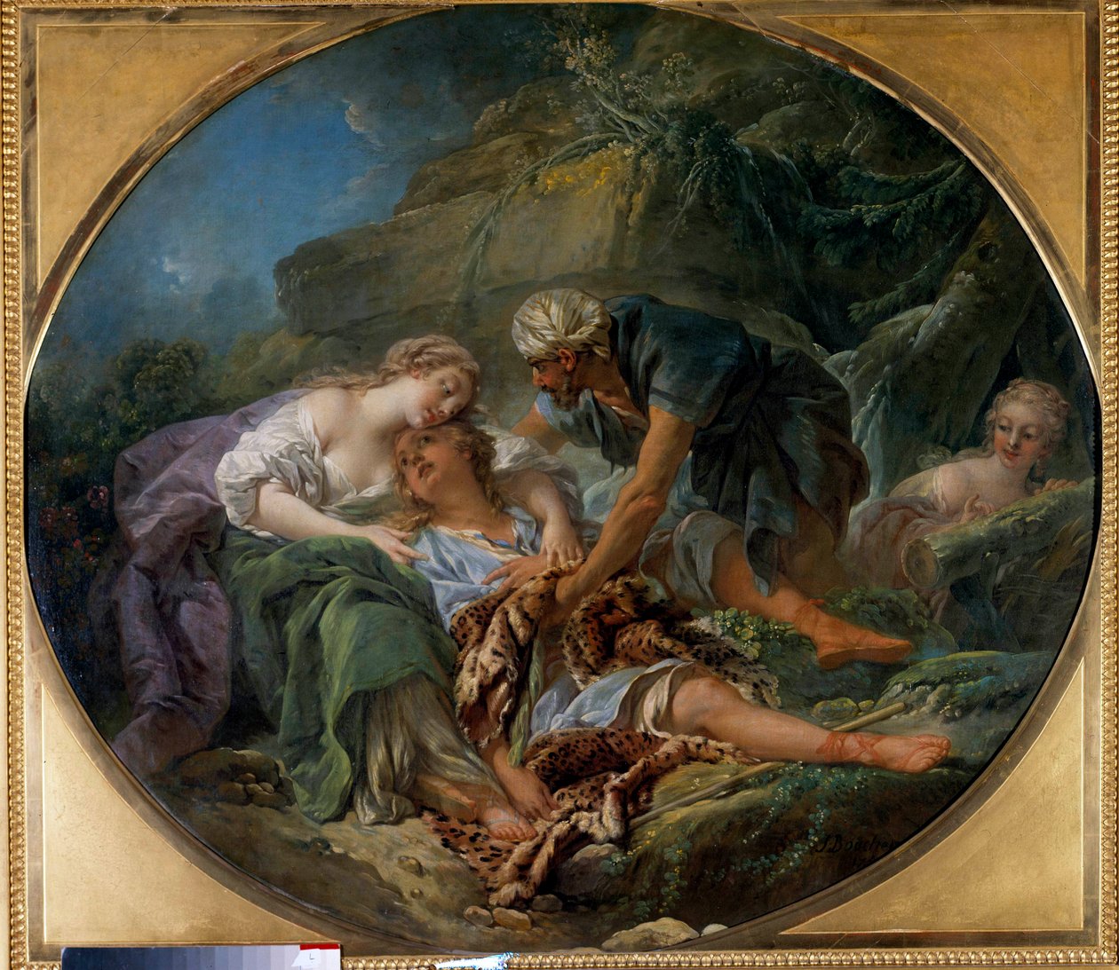 Amintas (eller Amyntas) återvänder till livet i Sylvies famn. Guden Pans barnbarn återvänder till honom i famnen på Sylvie som han är kär i.” Målning av Francois Boucher (1703-1770). 1756. Dim. 1,20 x 1,36 m Rundturer, Musee des Beaux Arts av François Boucher