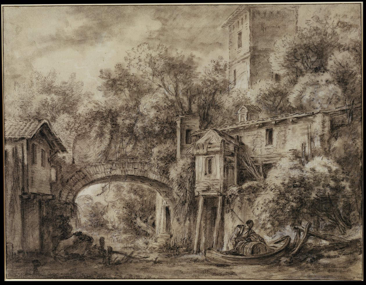 Arkitektonisk kapriccio med kvarnen i Quiquengrogne nära Charenton av François Boucher