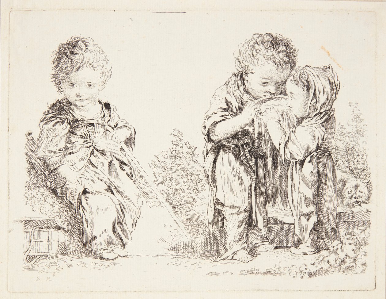 Barn som sitter på en jordklump och de små mjölkdrickarna av François Boucher