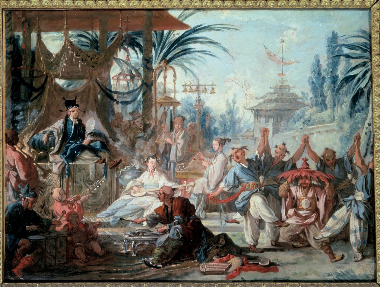 Chinoiserie: "" kinesisk dans""" Underhållningsscen på den kejserliga domstolen med musiker och dansare. Målning av Francois Boucher (1703-1770) 1740 Besançon, Musee des Beaux Arts av François Boucher