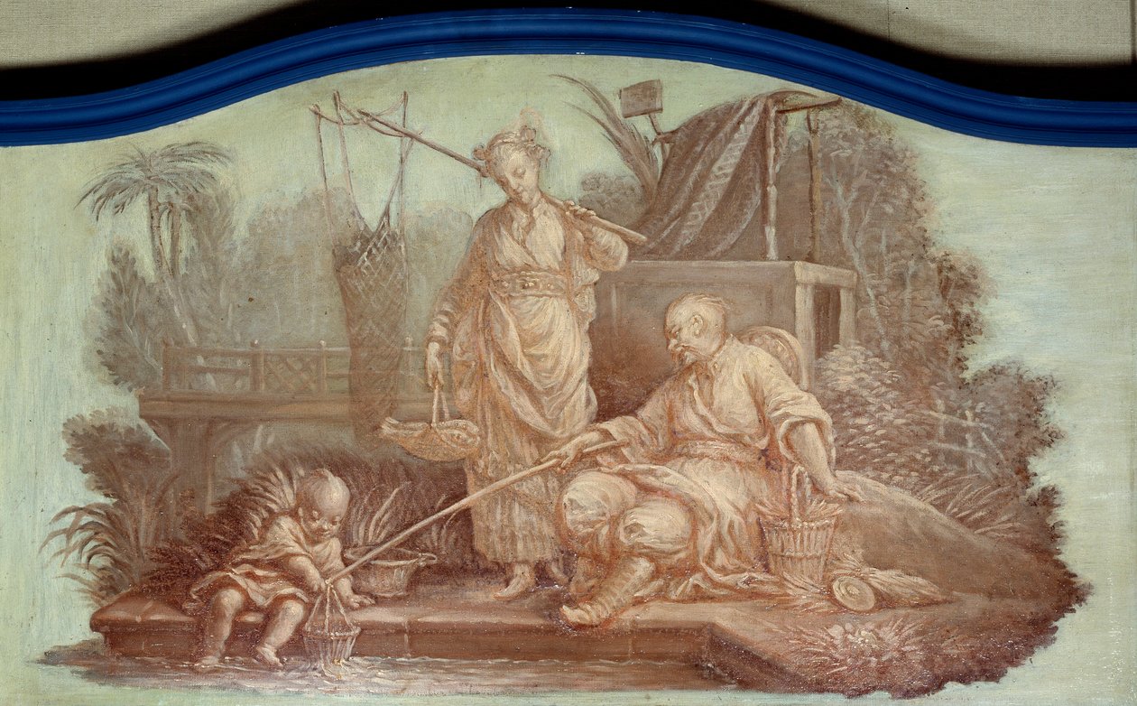 Chinoiserie: Scen för fiske i Kina. Front de porte-teckningar av Francois Boucher (1703-1770) av François Boucher
