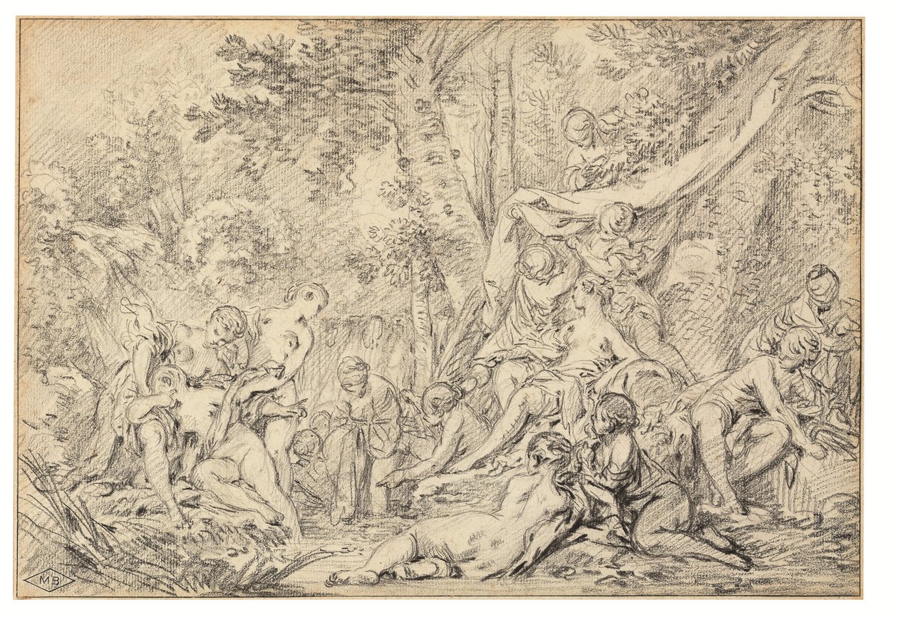 Diana och Callisto (svart krita på papper) av François Boucher