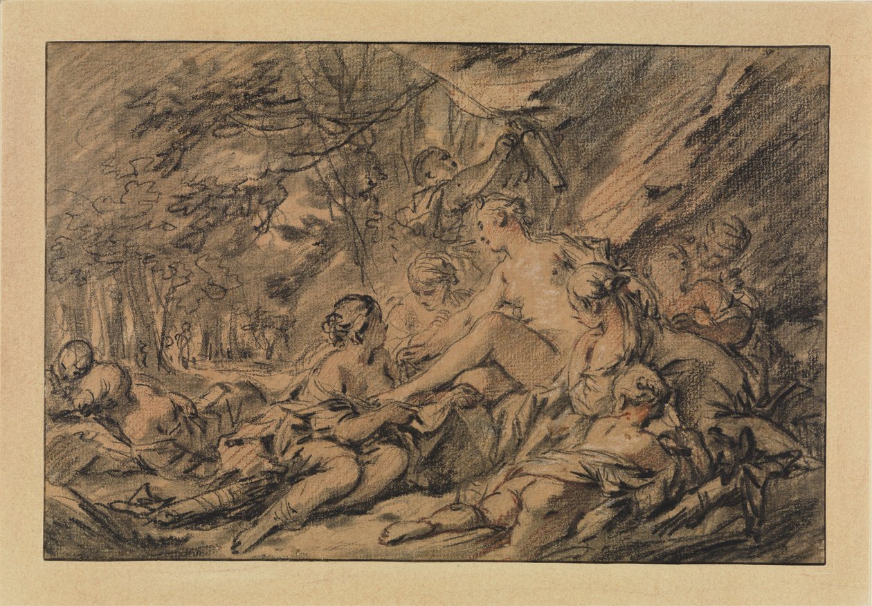 Diana vilar i skogen tillsammans med sina nymfer av François Boucher