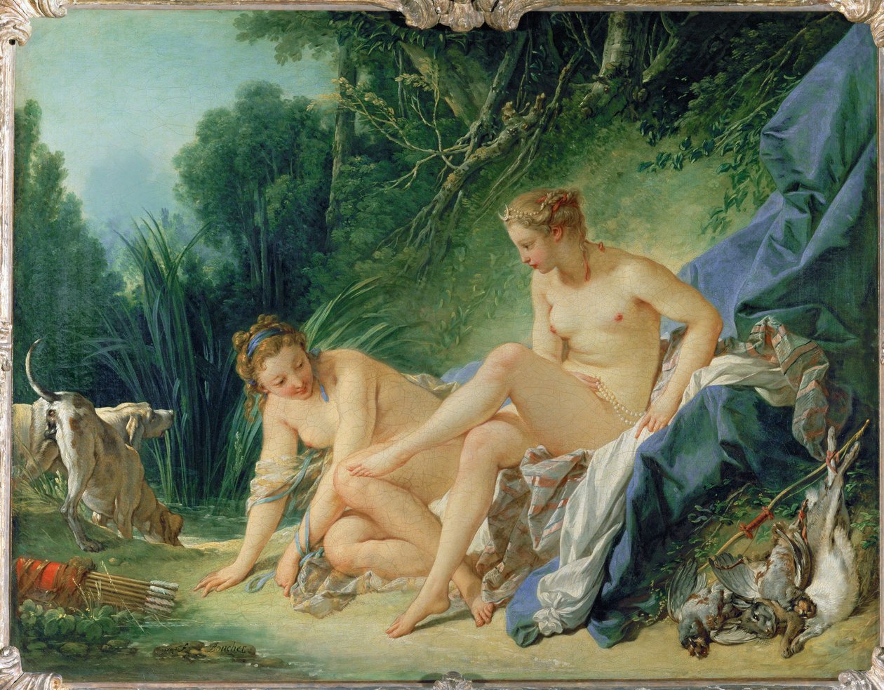 Diane au bain - Diana badar efter jakten. Månsippan i hennes hår är symbolen för vatten, månen ... av François Boucher